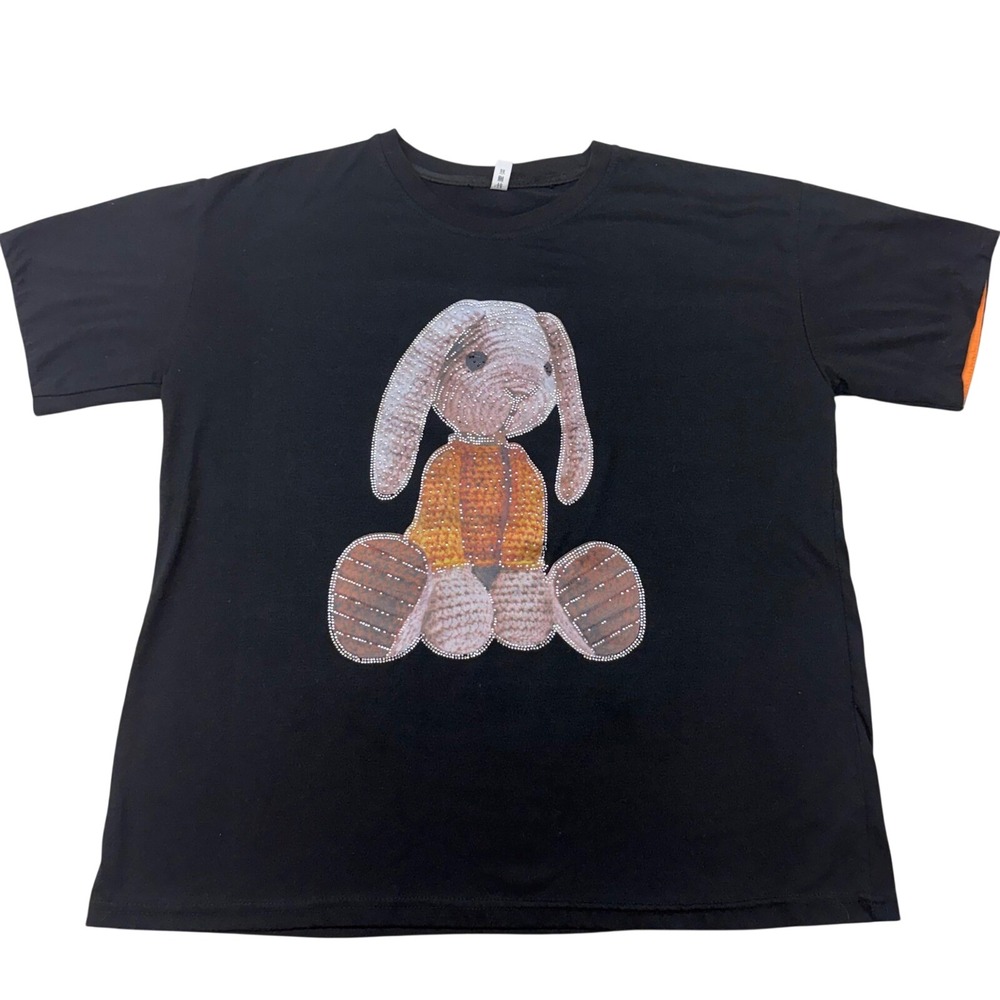 Black Rhinestone Bunny Graphic T-Shirt Short‎ Sleeve Casual Top Womens